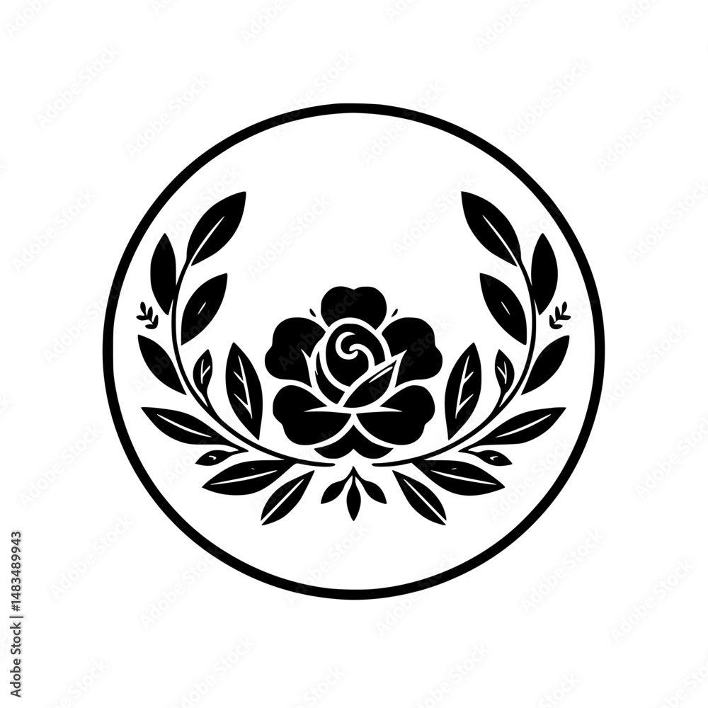 Fototapeta premium Elegant Rose and Leaf Wreath in Circular Frame, Minimalist Design