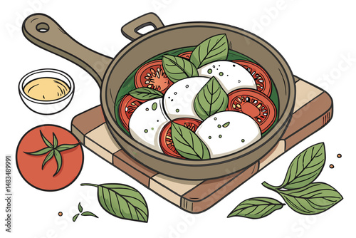 115 high-quality digital painting, realistic, detailed, highly detailed, photograph-realistic, photorealistic, vibrant colors, food illustration, mozzarella cheese, fresh basil leaves, ripe tomatoes, 