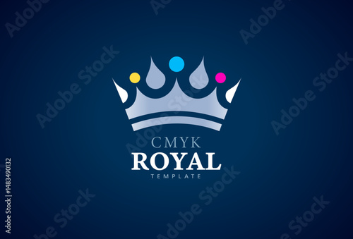 Logo Crown and Ink dots CMYK Printing theme. Royal Lux Print. Template design vector. Black background.