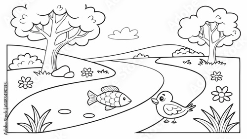 Coloring Page Outline Of a cartoon Cute cartoon river. Coloring pages for kids