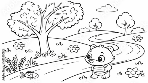 Coloring Page Outline Of a cartoon Cute cartoon river. Coloring pages for kids
