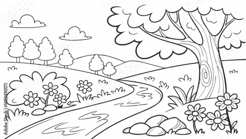 Coloring Page Outline Of a cartoon Cute cartoon river. Coloring pages for kids