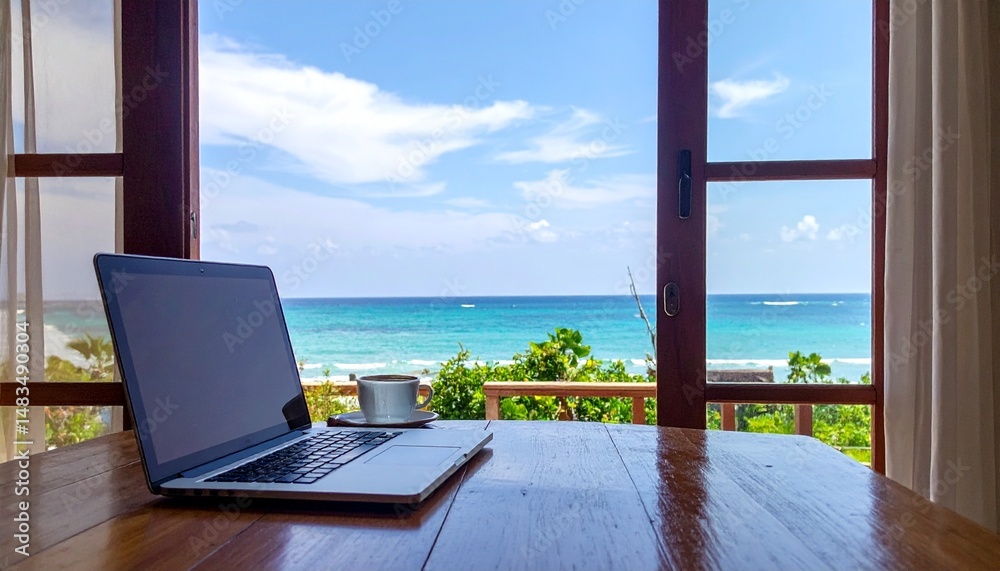 Fototapeta premium A laptop on a wooden table with a view of the ocean through open French doors – Remote Work & Digital Nomads 
