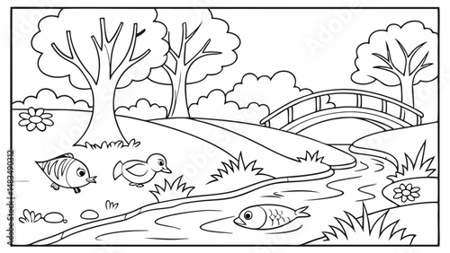 Coloring Page Outline Of a cartoon Cute cartoon river. Coloring pages for kids