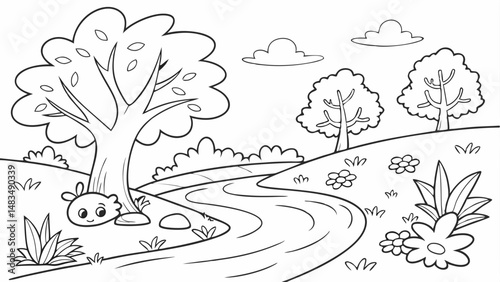 Coloring Page Outline Of a cartoon Cute cartoon river. Coloring pages for kids