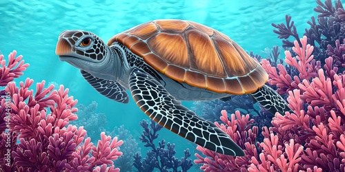2D animation playful sea turtle in coral  photo