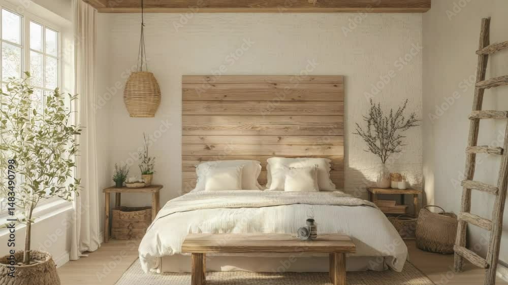 A cozy bedroom with a wooden headboard and a bench