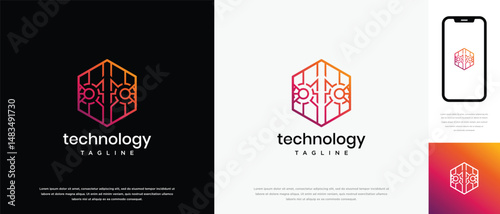Technology hexagon logo design. Technology connection hexagon logo template. Technology logo symbol icon