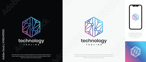 Technology hexagon logo design. Technology connection hexagon logo template. Technology logo symbol icon