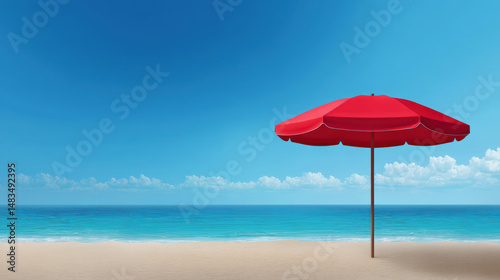 A vibrant red beach umbrella stands tall on the sandy shore, providing shade and creating a peaceful scene under a clear blue sky with gentle waves lapping.
