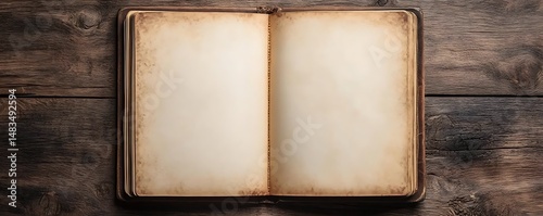 Open antique book on wood