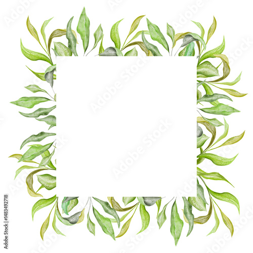 Watercolor frame border.Texture with greens,branch,abstract summer leaves,foliage. Perfect for wedding,invitations,greeting cards,quotes,pattern,logos,Birthday cards,lettering etc.