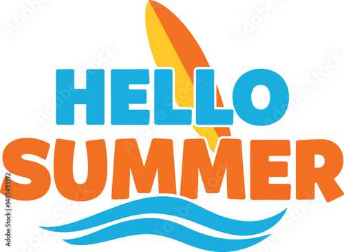 hello summer typography with surfboard and sea wave elements
