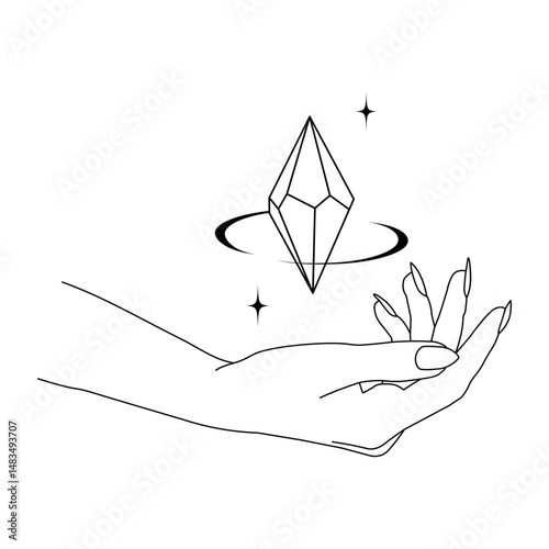 Mystic hand with floating crystal and stars, minimalist black line art on transparent background. Perfect for boho tattoos, witchy designs, logo elements, astrology apps and spiritual branding.