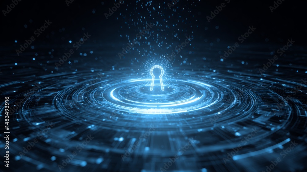Fototapeta premium Glowing digital padlock symbol surrounded by concentric circles and particles