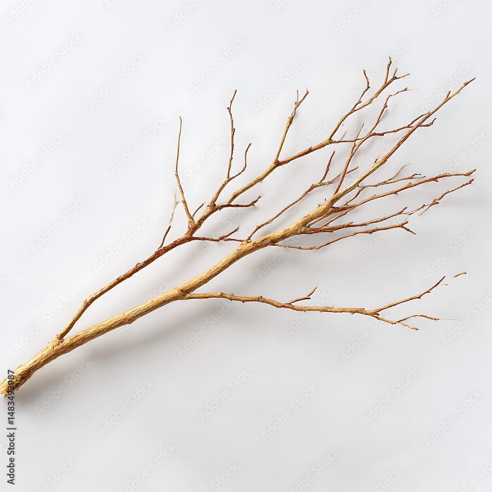 Fototapeta premium A dry, bare tree branch is isolated against a plain white background