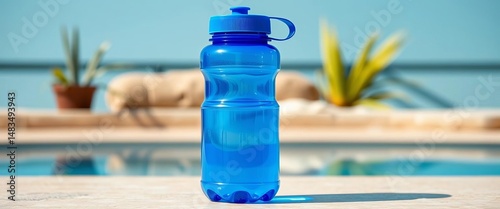 Large blue plastic water bottle; sleek design, vibrant color, hydration, storage, outdoor, home, plastic-bottle, storage