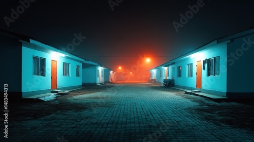 Foggy night street scene with neon light