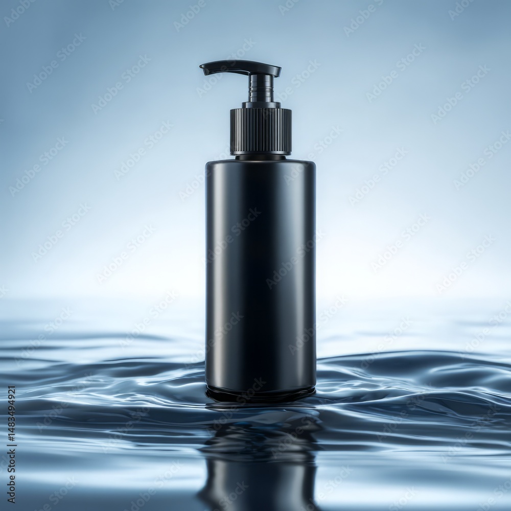 Obraz premium Minimalist black cosmetic bottle with water reflections and a soft blue background