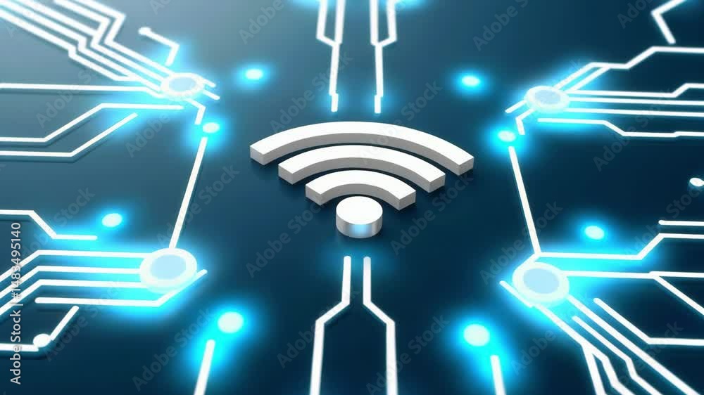 Abstract representation of Wi-Fi signal over a futuristic circuit board design with glowing elements