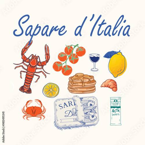 Italian food posters design  with Lemons, Limoncello, Lobster, Sardines, crab, wine, pasta and Italian Symbols – Mediterranean eat. Graphic for interior, kitchen, cafe, menu.