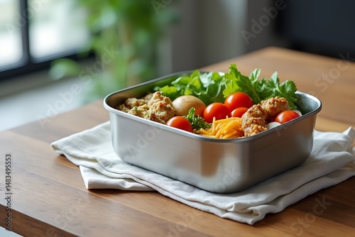 Healthy meal in a stainless steel container on wooden table  