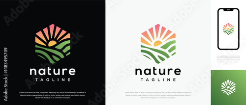 farmland landscape logo design. Hexagon farmland landscape logo template. Farm logo symbol icon