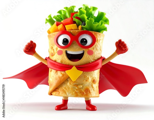 Animated Superhero Food Character with Red Cape and Mask on White Background