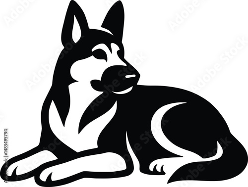 German Shepherd Lying Silhouette, Black and White Dog Resting
