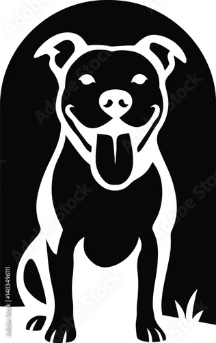 Pit Bull in Cave Silhouette, Happy Dog Vector Illustration