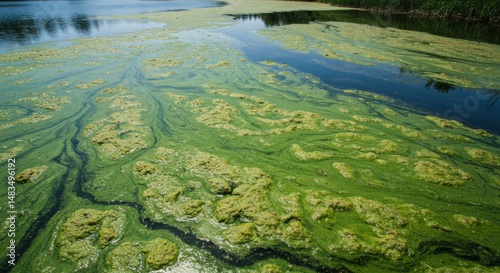 Aerial View of Green Algae Bloom Covering a Still Body of Water