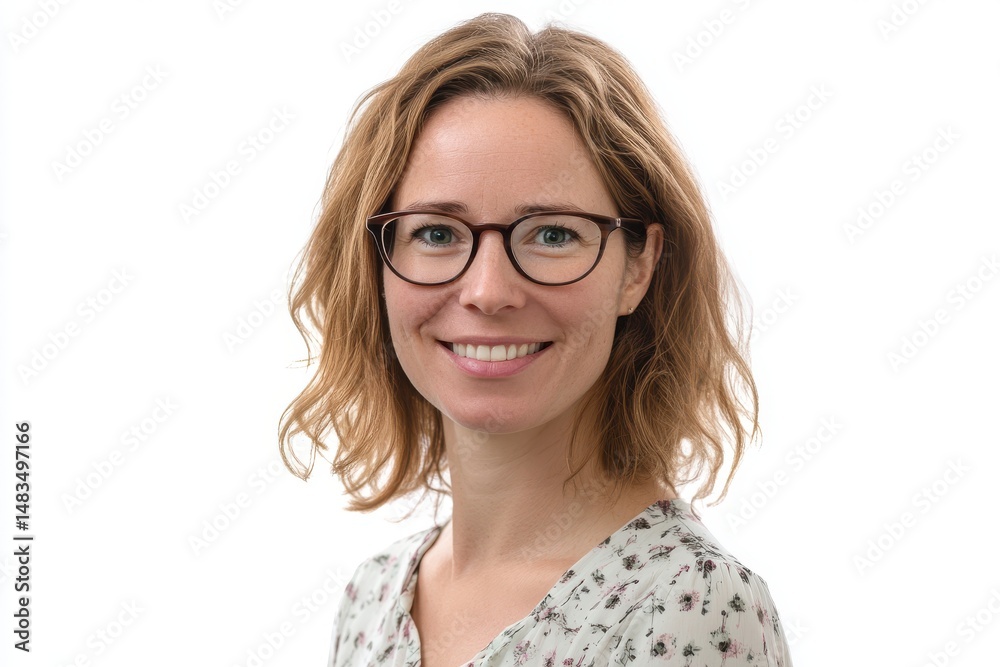 Obraz premium Smiling woman with glasses isolated on white background. use cases: portrait, profile, headshot.