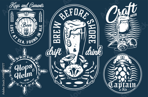 Vintage monochrome nautical brewing emblems set with beer pint, crab, captain hat, hop cone, helm and seashells, beer vector graphic for sea bar or ocean pub, brewery branding