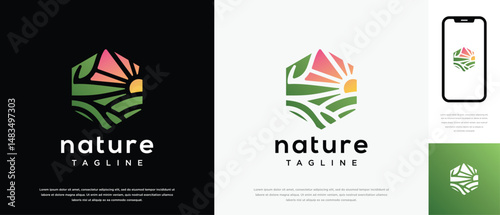 farmland landscape logo design. Hexagon farmland landscape logo template. Farm logo symbol icon