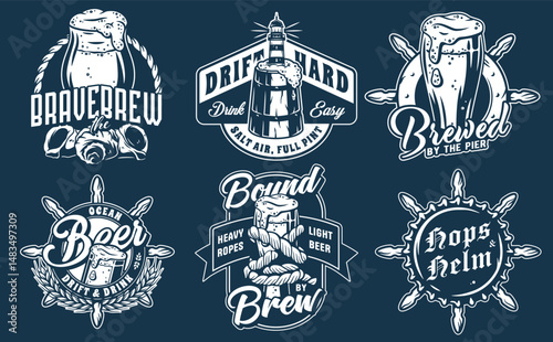 Nautical beer brewing vintage monochrome emblems set with overflowing mugs and lighthouse with overflowing barrel, ship helm and ropes, seashells and wheat ears for sea bar or ocean pub