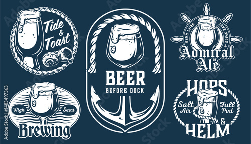 Nautical beer logos featuring overflowing glasses, anchors, ship's wheels and ropes, capturing essence of refreshing seaside brewing experience filled with maritime charm
