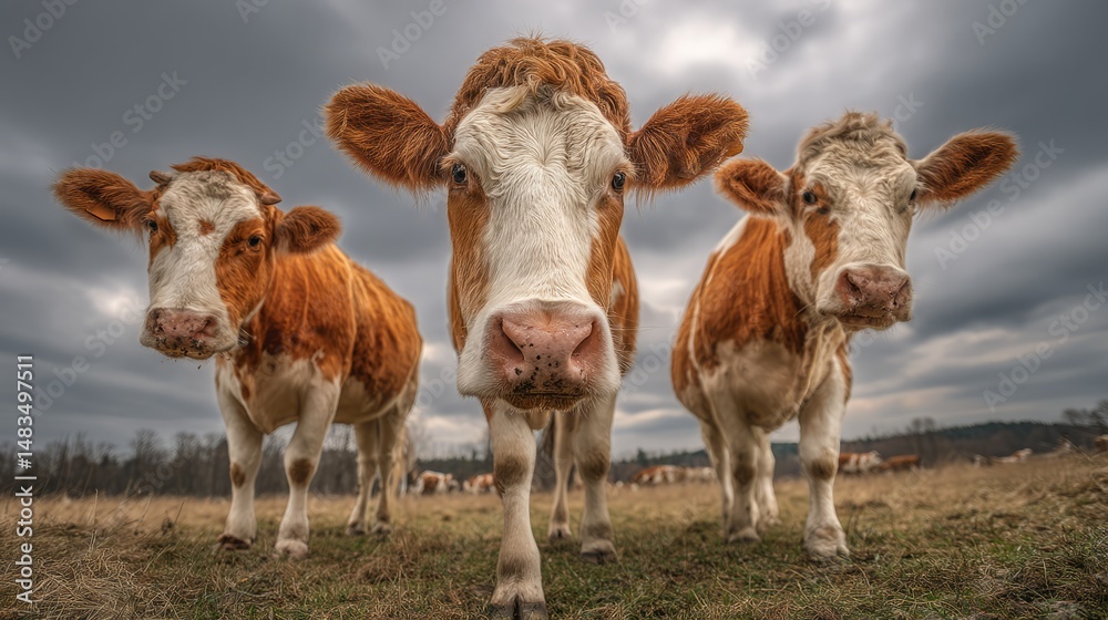 Three curious cows stare directly at the camera in a field under a cloudy sky Three curious cows stare directly at the camera in a field under a cloudy sky