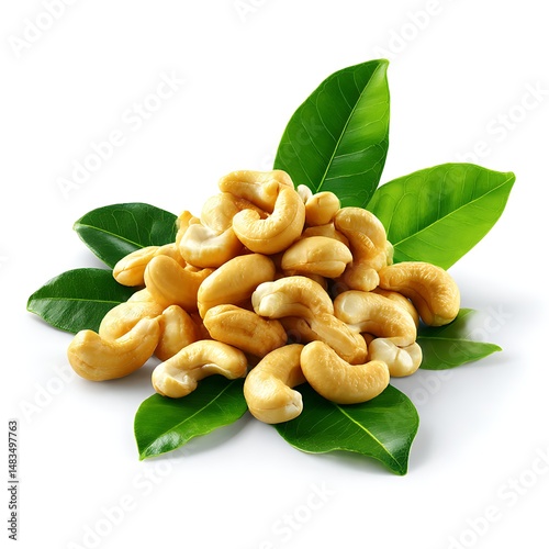 A pile of cashew nuts is presented with a few green leaves, all isolated on a clean white background