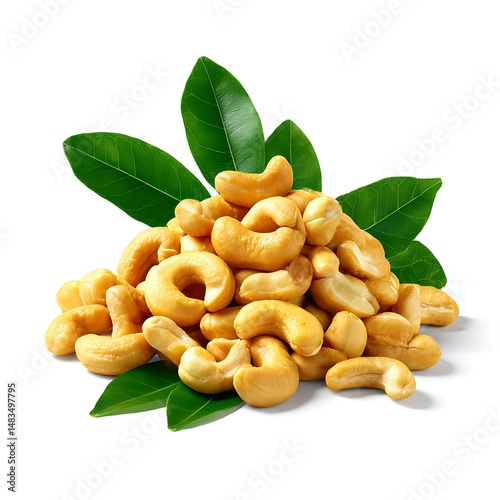 A pile of cashew nuts is presented with a few green leaves, all isolated on a clean white background