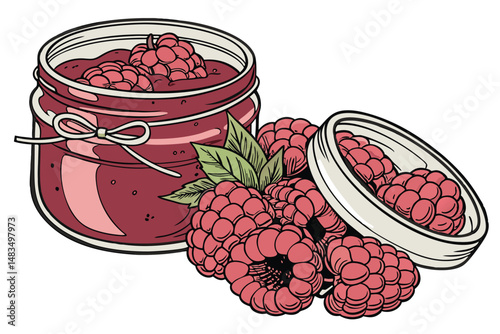 119 glass jar, raspberry, canned, preserves, fresh, fruit, close-up, studio shot, high-resolution, detailed, vibrant colors, glossy, smooth texture
