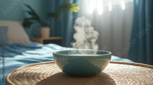 A bowl of herbal-infused steam water rests on a bedroom table, ready for inhalation therapy