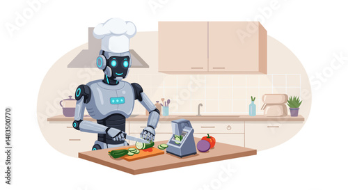 Robot chef preparing vegetables on kitchen countertop with gadgets  