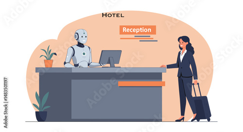 Businesswoman checking in at hotel reception with robot assistant  