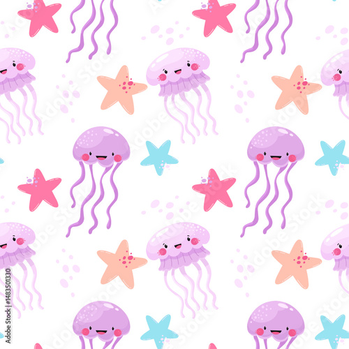 Seamless pattern with jellyfish, underwater world.