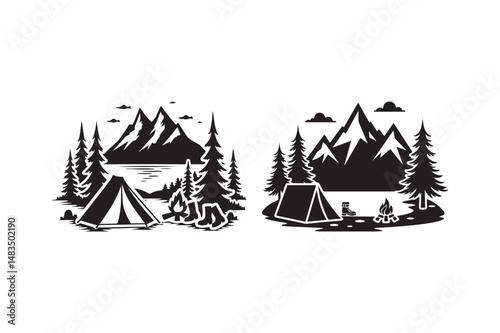 Mountain Camping Scene Vector Tent, Fire, and Forest Landscape Illustration