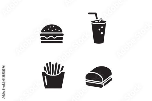 Fast Food Silhouette Icons Burger, Fries, Soda, Sandwich Vector Set