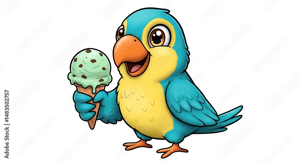 Obraz premium Cartoon parrot with ice cream