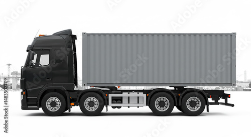 Side view of a black semi truck carrying a gray shipping container on a white background showing wheels