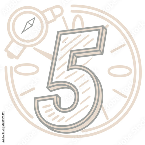 Number five with a compass design in neutral colors and copy space