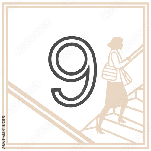 Number nine with a woman walking up stairs in light colors and copy space